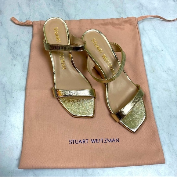 Stuart Weitzman: Aleena Gold Metallic Slip On Heeled Sandals Shoes Size 6 (NWOT) - Picture 1 of 7